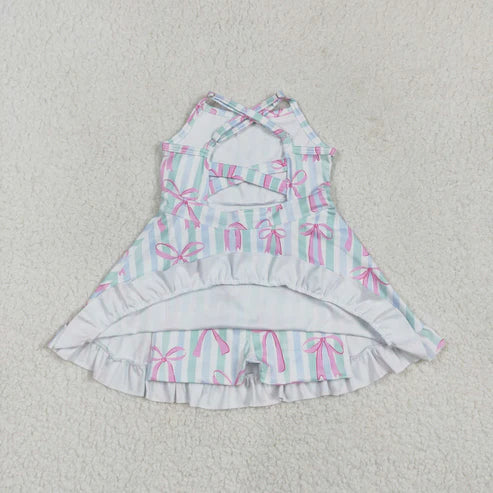 4.25 GSD2297 Baby Girls Strap Green Bow Stripe Pink Bows Yoga Ruffle Knee Length Dress