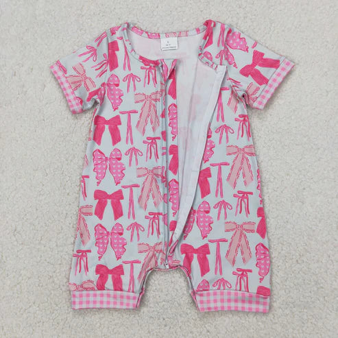4.3 SR2771 Baby Infant Girls Pink Bows Zip Short Sleeve Romper