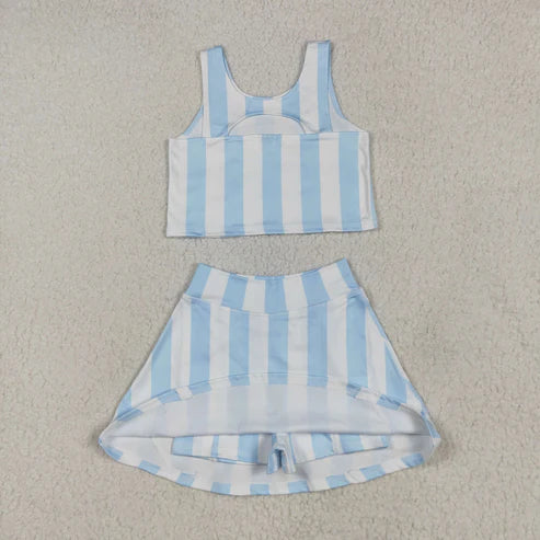 5.3 GSD2433 Baby Girls Blue Stripes Athletic Active Wear Top Shorts Skirts Outfit