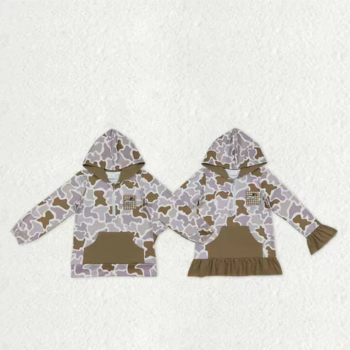 10.31 Sibling Baby Boys Girls Embroidery Dog Duck Camo Pocket Zipper Hunting Hoodies Top