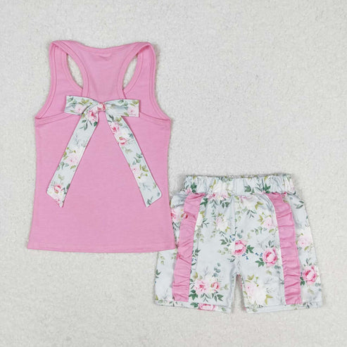 6.16 GSSO1059 Floral bow solid color sleeveless pink lace shorts set
