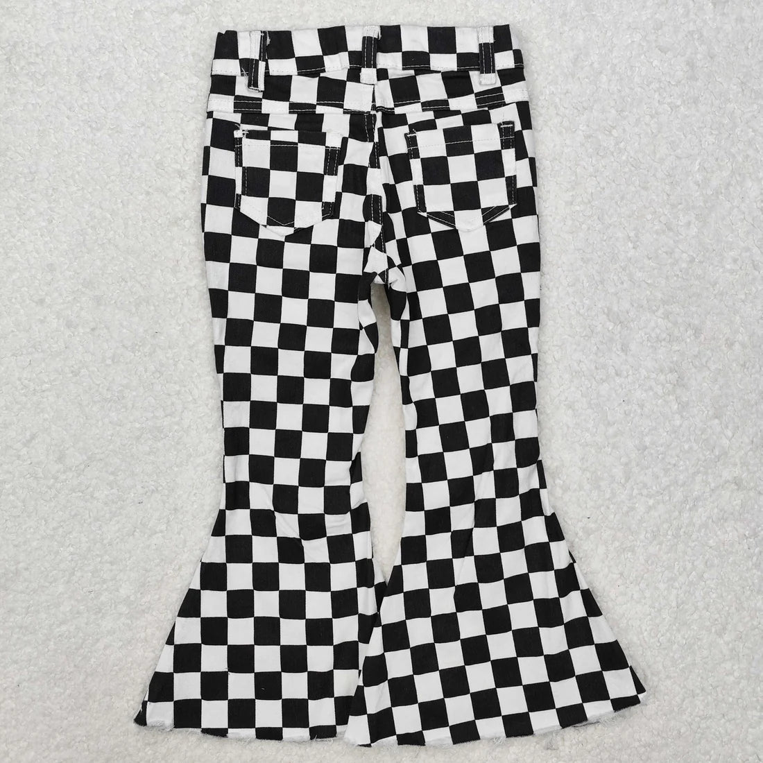 L-3.7 P0349 Baby Girls Black Checkered Bell Flare Denim Pants Jeans