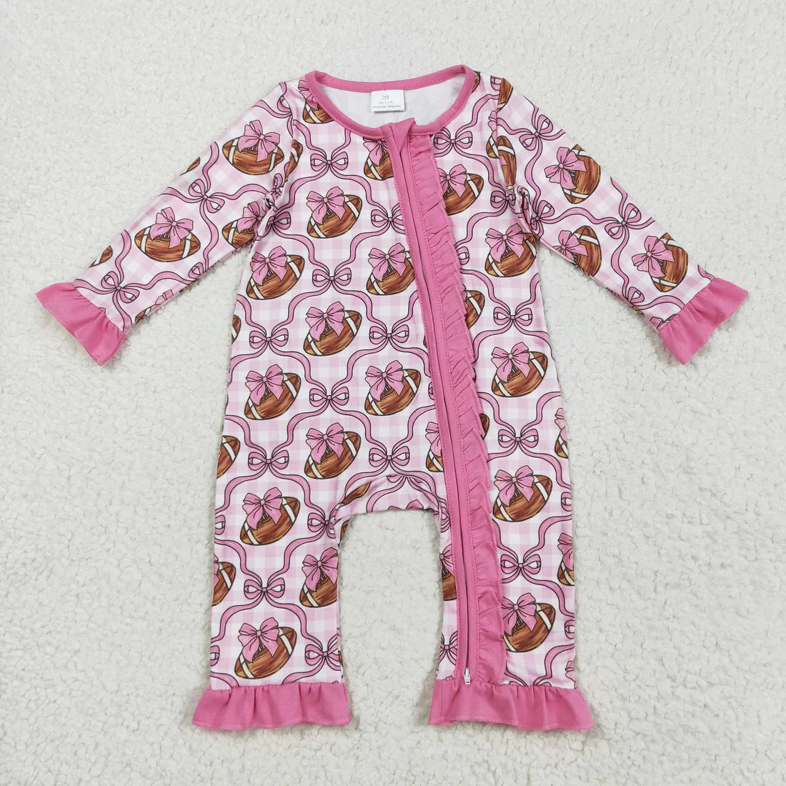 8.18 LR2361 Baby Girls Long Ruffle Sleeves Pink Bows Footballs Zipper Romper