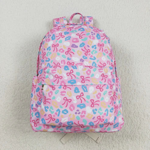 8.13 BA0319 Baby Kids Pink Leopard Bows School Zipper Ruffle Back Bags