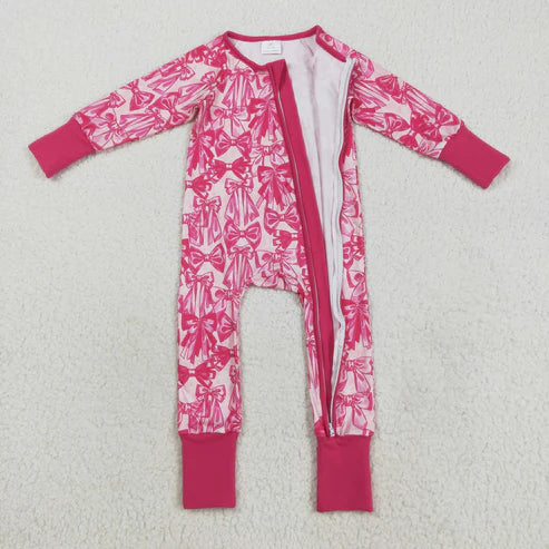 8.13 LR2365 Baby Girls Long Sleeves Pink Bows Zipper Pant Romper