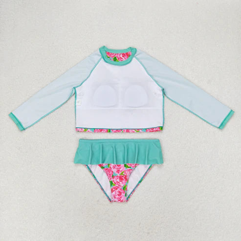 S0260 Floral turquoise lace long-sleeved swimsuit