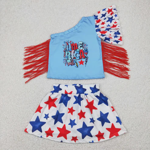 4.12 GT0942+GLK0055 Baby Girls 4th of July America Fringe Shirt Skorts Clothes Set