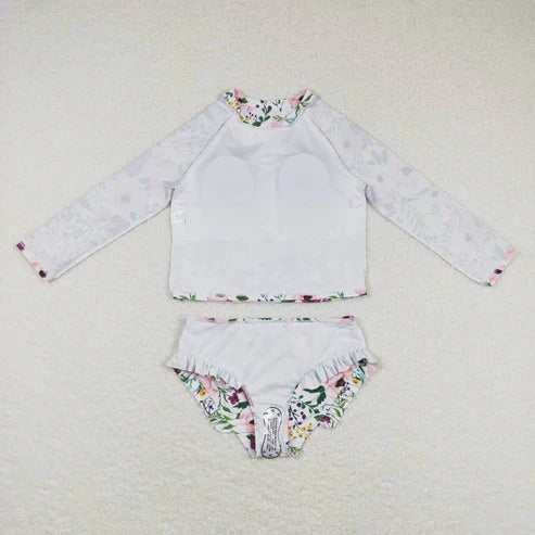 S0180 Pink Purple Flower White Long Sleeve Swimsuit Suit
