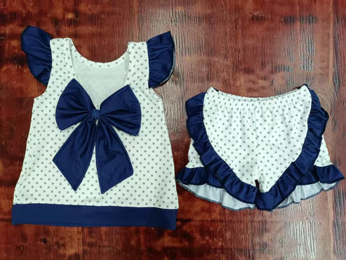 4.26 Preorder moq 3 Baby Girls Navy Flutter Sleeves Polka Dots Ole Miss Tunic Ruffle Short Sets