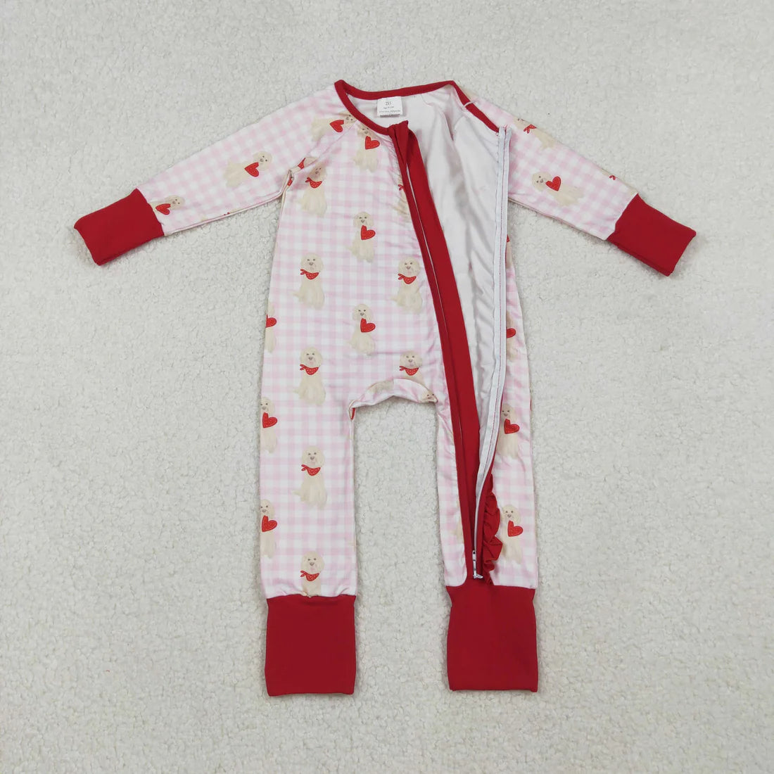 10.18 LR2681 Baby Girls Pink Checked Dogs Hearts Valentine Ruffle Zipper Footie Romper