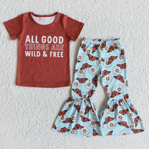4.22 RTS NO MOQ E7-28 GOOD letter short-sleeved butterfly flared pants