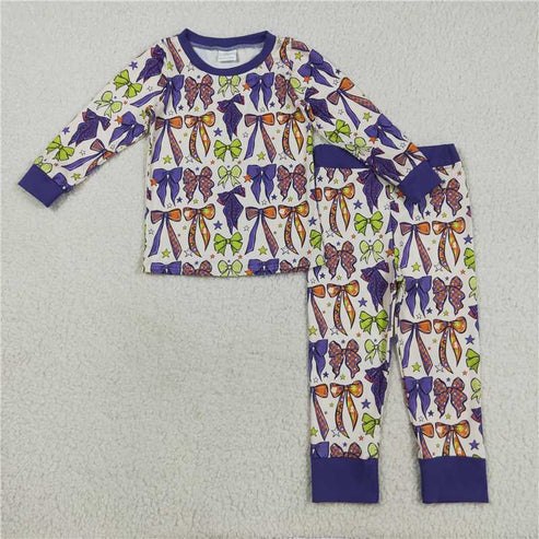 8.16 Sibling Baby Kids Purple Bows Stars Plaid Pajams Sets Zipper Footie Rompers