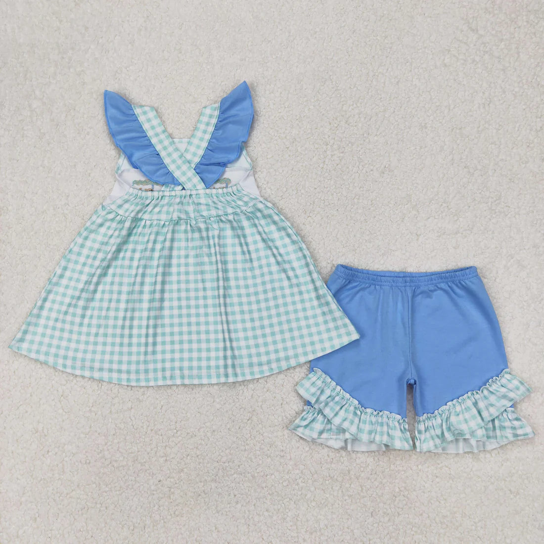 3.26 GSSO2148 Baby Girls Green Fishes Straps Tunic Top Ruffle Shorts Clothes Set