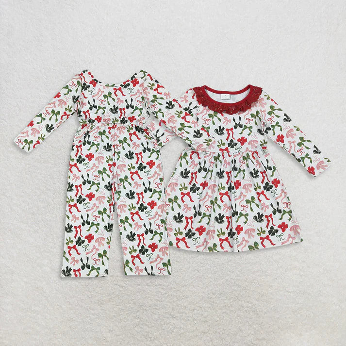 9.4 Sibling Baby Girls Christmas Green Red Bows Pockets Jumpsuits Knee Length Dress