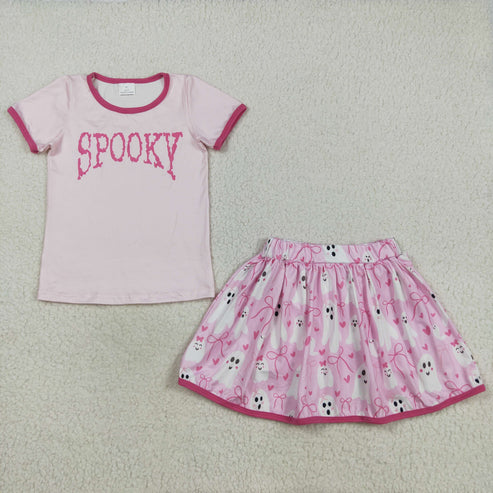 8.23 GSD2776 Baby Girls Pink Short Sleeves Spooky Top Ghosts Bows Plaid Skirts Set