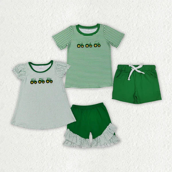6.13 Sibling Embroidery Baby Girls Green Farm Boys Outfits Sets
