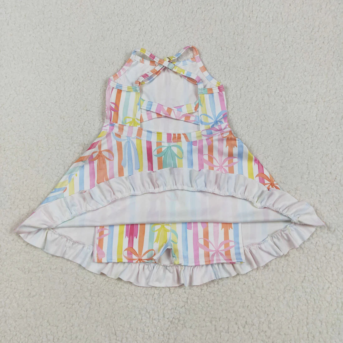 5.15 GSD2288 Baby Girls Strap Colorful Bows Stripe Yoga Ruffle Knee Length Dress