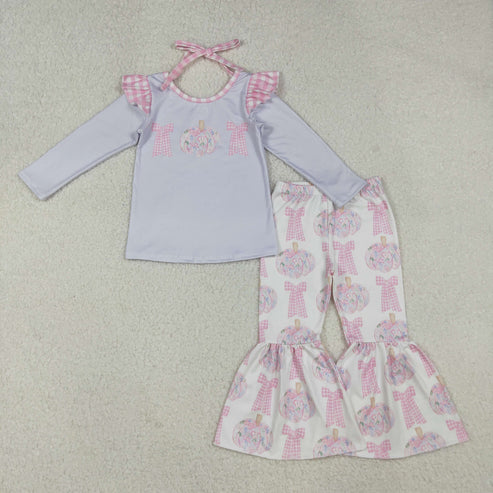 10.10 GLP2532 Baby Girls Long Sleeves Bows Pumpkins Tunic Bell Bottom Pant Set