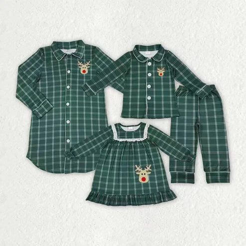 11.1 Embroidery Deer Mama and Me Green Checked Christmas Sleep Wear Pajamas Ruffle Dresses