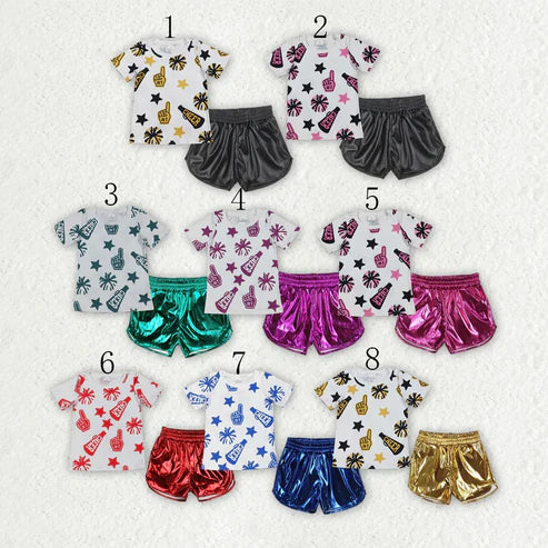 6.23 Sibling Baby Girls Cheer Team Shirts Top Leather Shorts Summer Clothes Sets