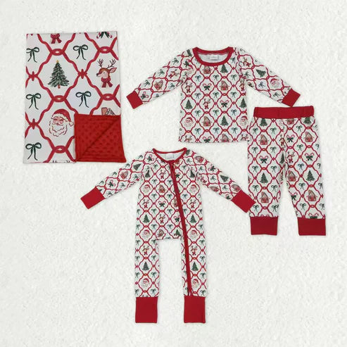11.1 Sibling Baby Kids Trees Bows Checked Christmas Pajamas Sets Zipper Footie Rompers Blankets