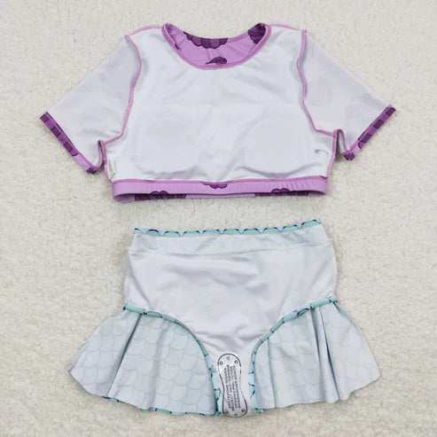 S0222 Shell purple short sleeve fish scale pattern short skirt swimsuit set