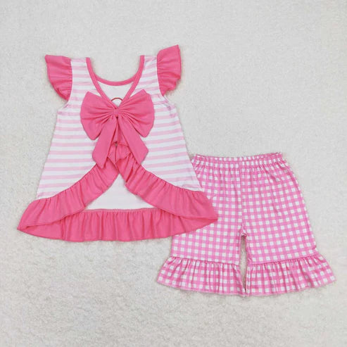 6.17 GSSO0563 Embroidered love heart striped bow powder-white checkered short-sleeved shorts suit