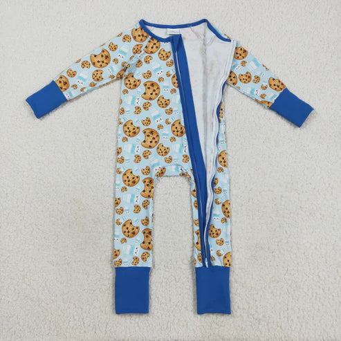 8.13 LR2397 Baby Boys Blue Long Sleeves Milk Cookies Zipper Pant Romper