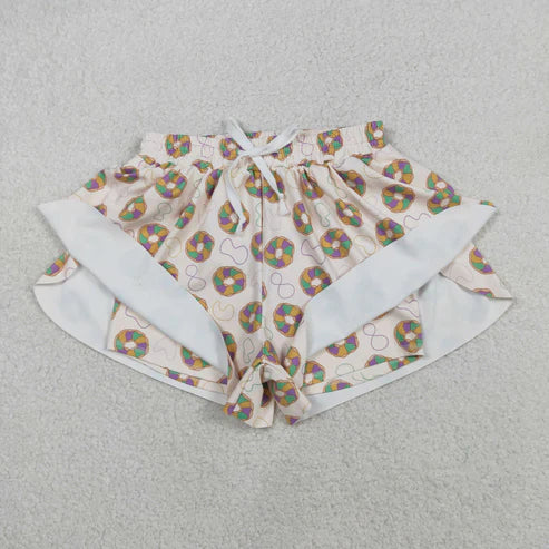 12.3 SS0680 Adult Women Mardigras Donuts Necklaces Yoga Active Ruffle Shorts Bottoms
