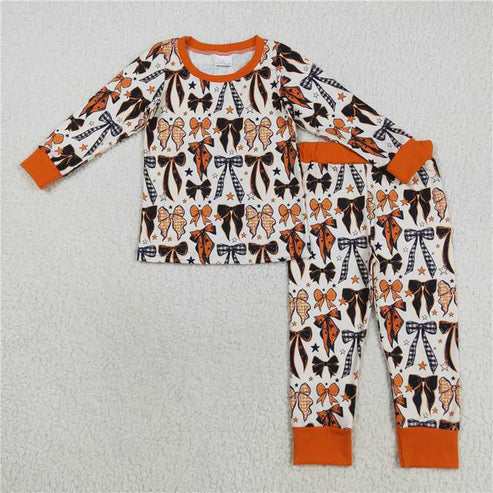 8.16 Sibling Baby Kids Orange Black Bows Stars Halloween Pajams Sets Zipper Footie Rompers