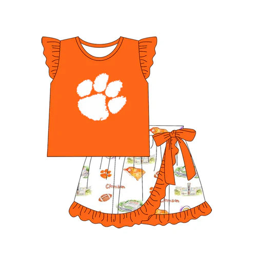 5.17 Custom (MOQ 3) Baby Girls Clemson Team Tee Top Ruffle Skirts Clothes Sets