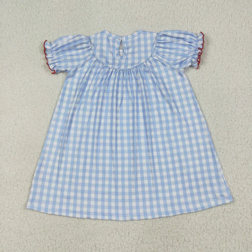 6.26 GSD2275 Baby Girls Blue Plaid Short Ruffle Sleeves Smocked Cows Pigs Farm Knee Length Dress