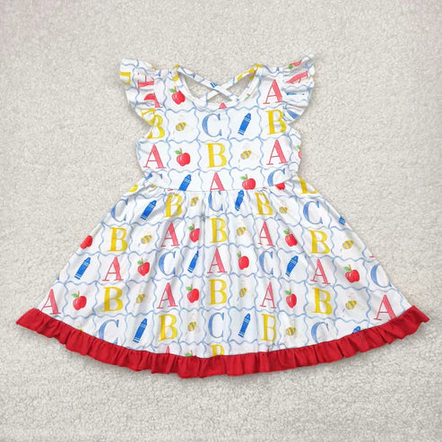 4.29 GSD2258 Baby Girls Flutter Sleeves ABC Pencil Apple Grid Knee Length Dress