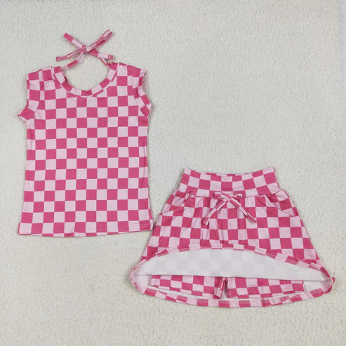 6.23 GSD2584 Baby Girls Sleeveless Pink Plaid Top Pockets Short Skirts Set