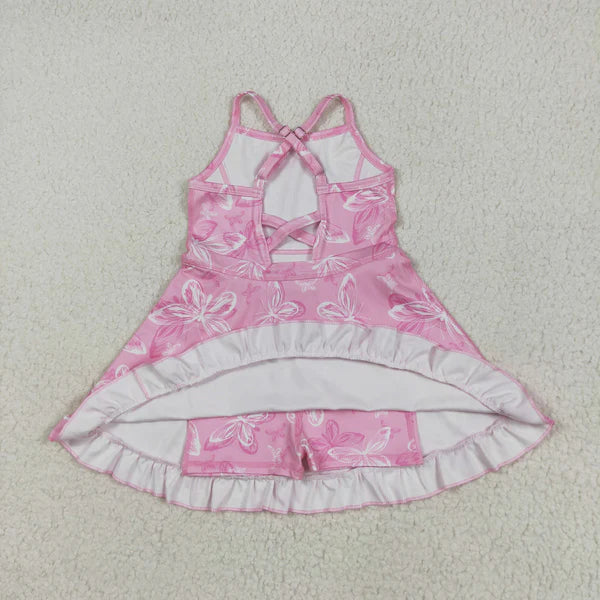 5.27 GSD2292 Baby Girls Pink Strap Butterfly Yoga Ruffle Knee Length Dress