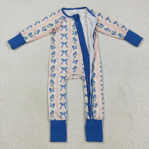 8.14 LR2327 Baby Girls Long Sleeves Blue Bows Flowers Stripe Zipper Pant Romper