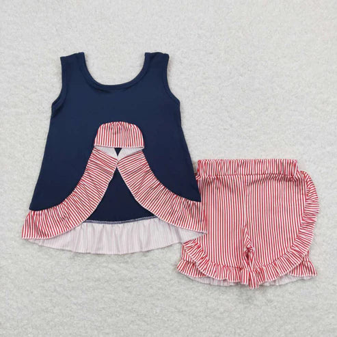 6.17 GSSO0405 Embroidered baseball navy blue sleeveless red and white striped shorts set