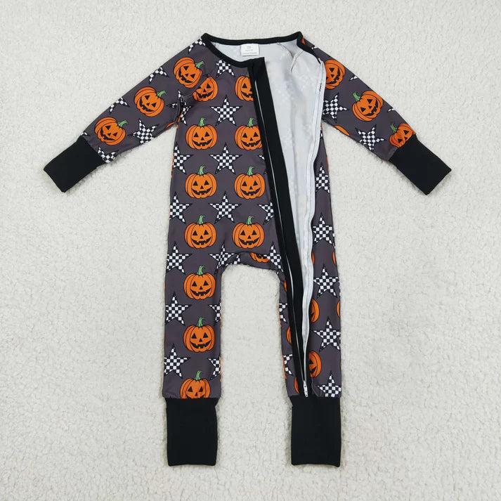 8.22 LR2464 Baby Boys Long Sleeves Plaid Stars Pumpkins Zipper Pant Romper