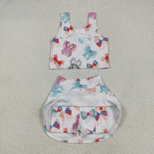 5.9 GSD2046 Baby Girls Colorful Hero Bows Athletic Active Wear Top Shorts Skirts Clothes Set