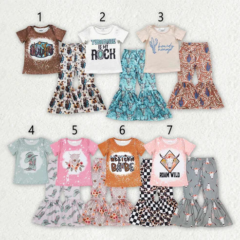 5.9 Sibling Baby Girls Western Shirts Bell Bottom Pants Outfits Sets