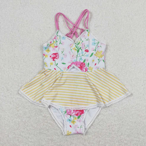 S0250 Floral striped lace orange and white halter one-piece swimsuit