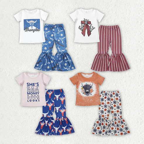 5.9 Sibling Baby Girls Western Shirts Top Bell Bottom Pants Outfits