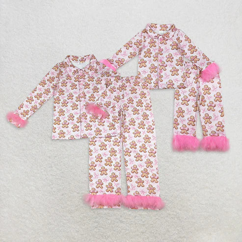 10.31 Mama and Me Pink Bows Gingerbread Button Top Pants Christmas Fur Pajamas Sets