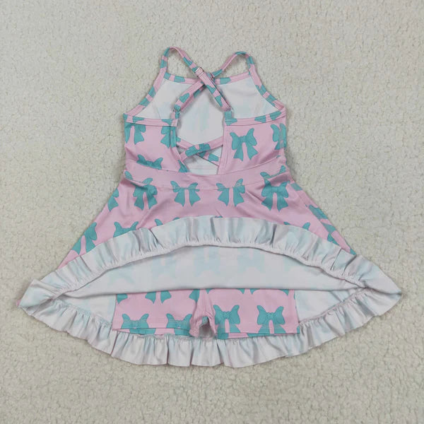 5.27 GSD2293 Baby Girls Pink Strap Green Bows Yoga Ruffle Knee Length Dress