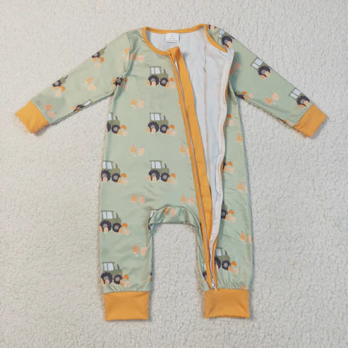 8.13 LR2335 Baby Boys Green Long Sleeves Pumpkins Trucks Zipper Romper