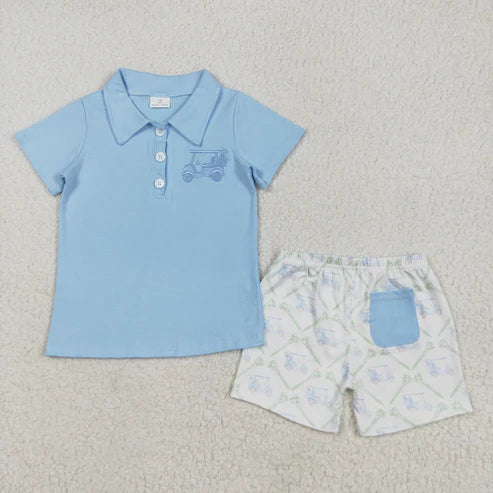 5.9 BSSO1494 Baby Boys Blue Short Sleeves Button Golf Top Pocket Short Set