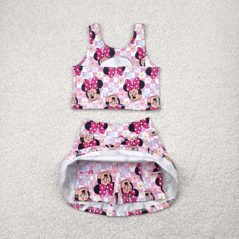 5.3 GSD2460 Baby Girls Sleeveless Pink Plaid Cartoon Mouse Top Skort Yoga Set