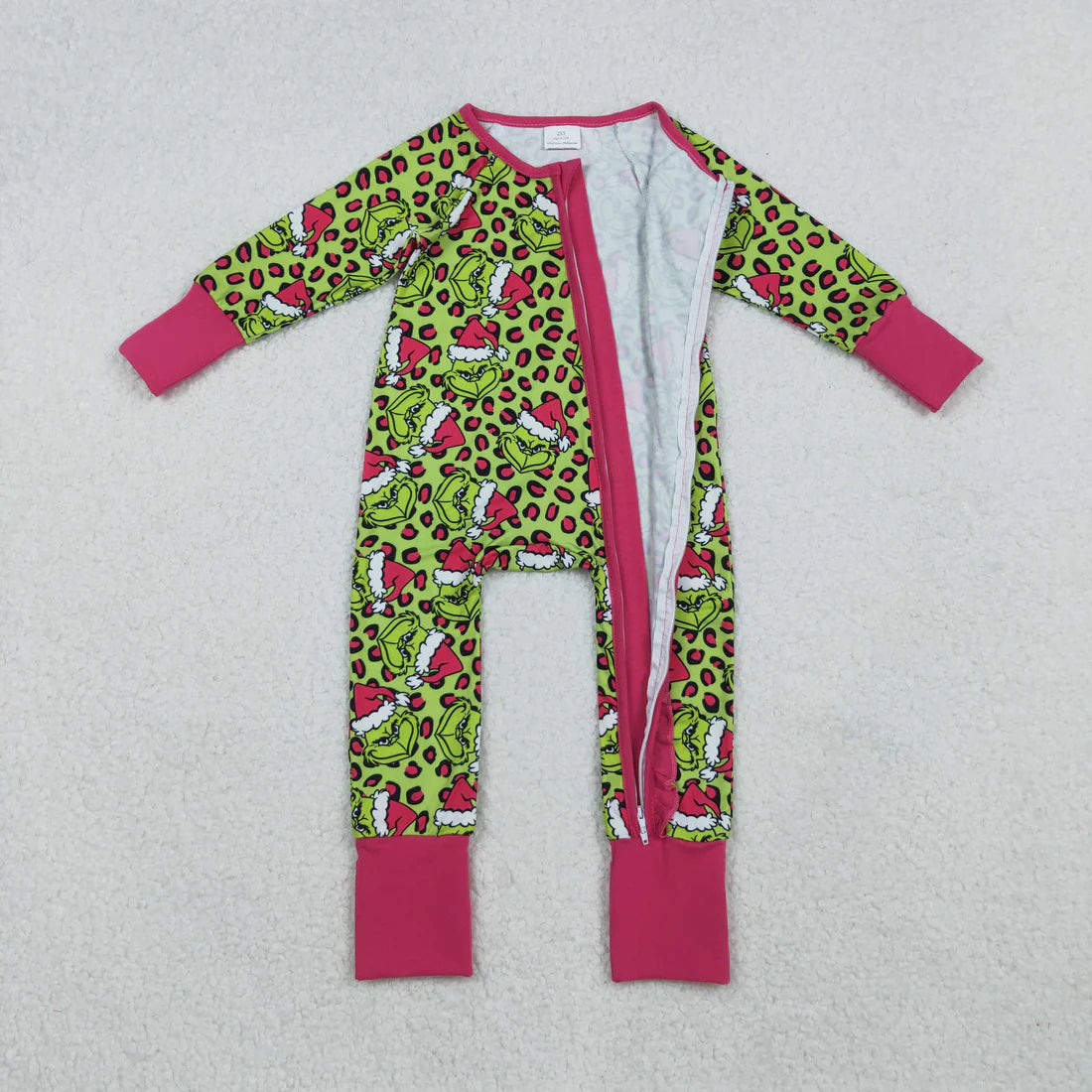 10.16 LR2520 Baby Girls Christmas Green Face Leopard Ruffle Zipper Footie Romper