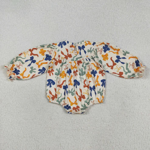 8.13 LR2257 Baby Girls Long Sleeves Smocked Thankful Colorful Bows Ruffle Romper