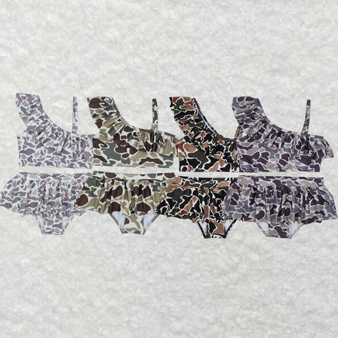 4.2 Sibling Baby Girls Camouflage Ruffle Top Bummie 2pcs Swimsuits